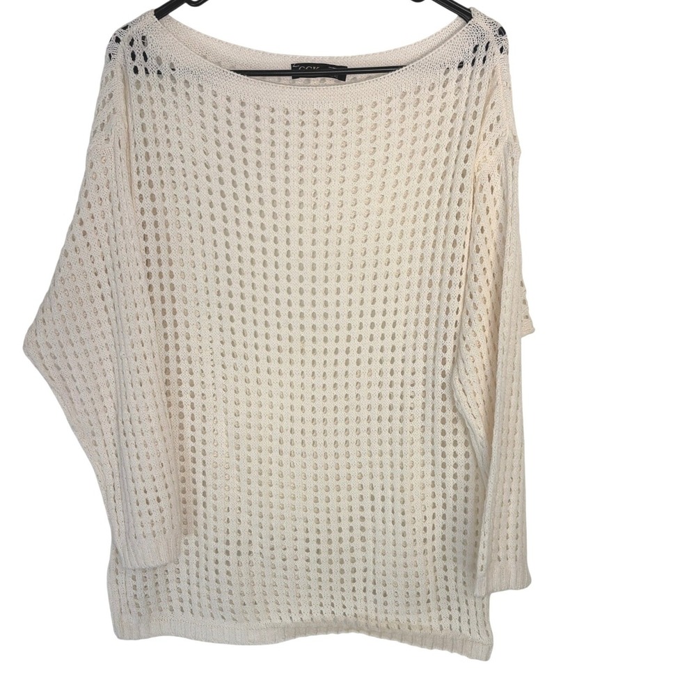 Womens Boho Coastal Beachy Open‎ Knit Crochet Boat Neck  Sweater XL Cream